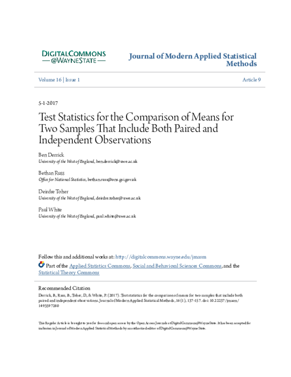 (PDF) Test statistics for the comparison of means for two samples that ...