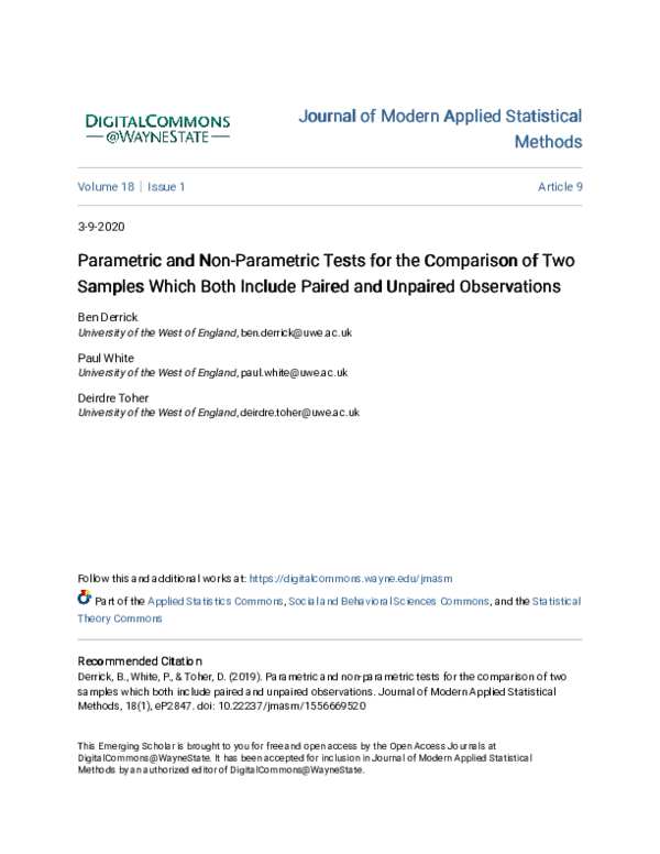 (PDF) Parametric and Non-Parametric Tests for the Comparison of Two ...