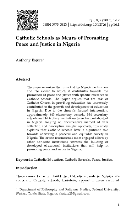 (PDF) Catholic Schools as Means of Promoting Peace and Justice in Nigeria