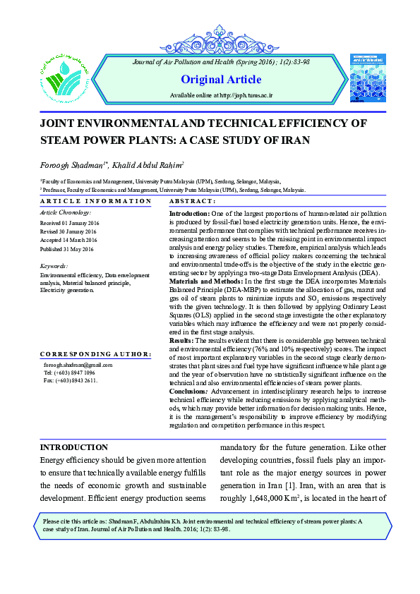  PDF Joint Environmental And Technical Efficiency Of Steam Power 