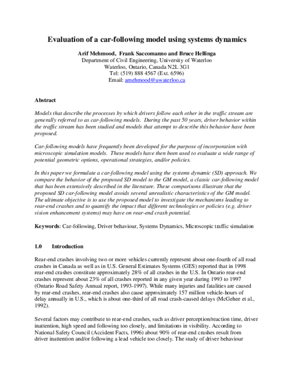 (PDF) Evaluation of a Car-Following Model Using Systems Dynamics