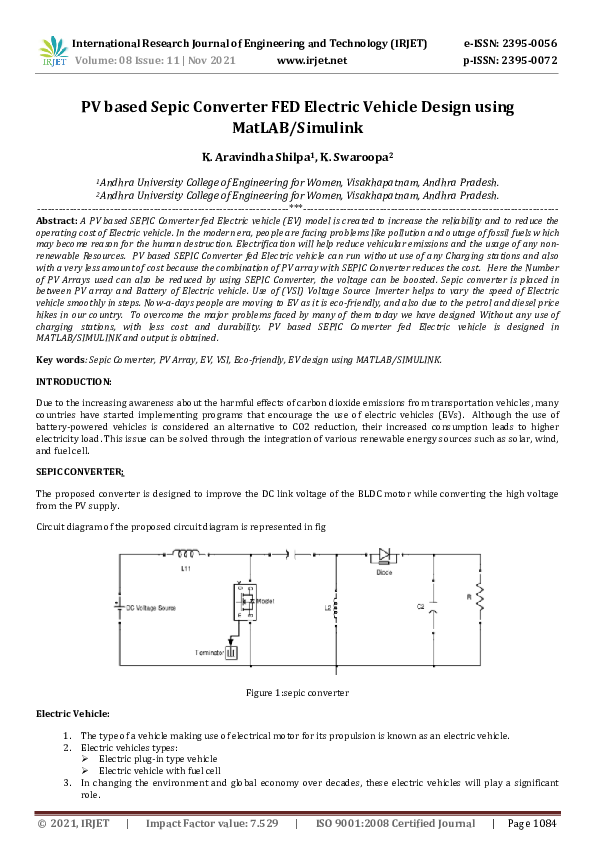 (PDF) IRJET PV based Sepic Converter FED Electric Vehicle Design using