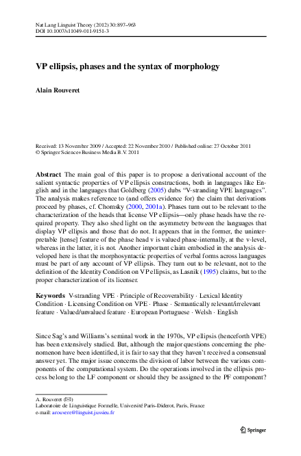 (PDF) VP ellipsis, phases and the syntax of morphology | Alain Rouveret ...
