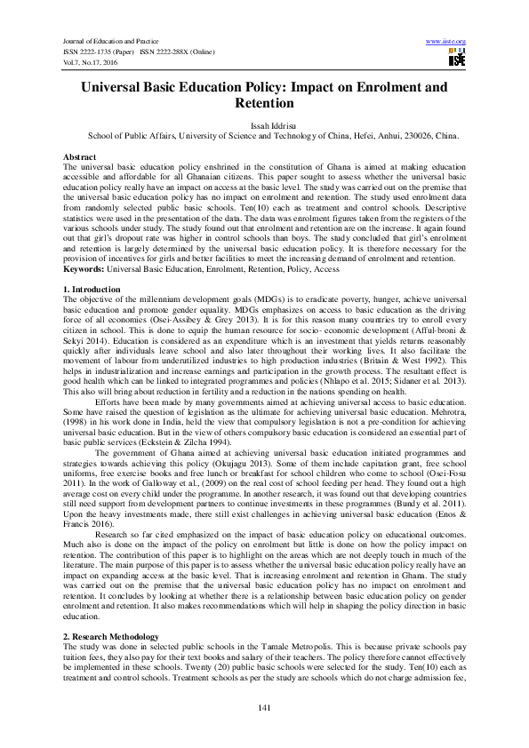 (PDF) Universal Basic Education Policy: Impact on Enrolment and Retention