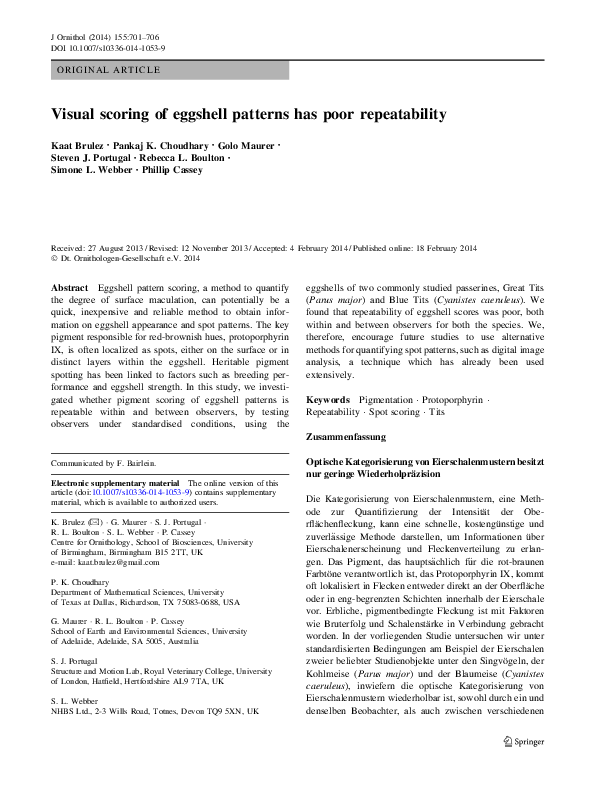 (PDF) Visual scoring of eggshell patterns has poor repeatability