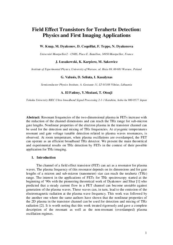 (PDF) Field Effect Transistors for Terahertz Detection: Physics and ...