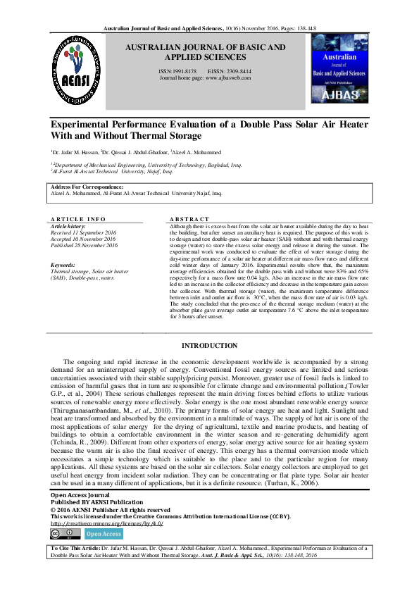 (PDF) Experimental Performance Evaluation of a Double Pass Solar Air ...