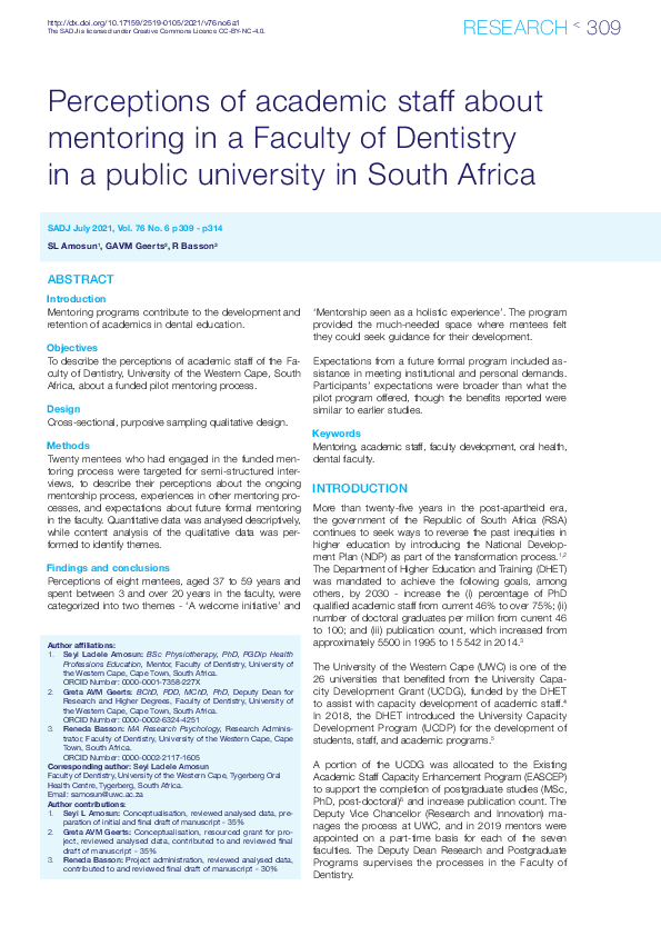 (PDF) Perceptions of academic staff about mentoring in a Faculty of ...