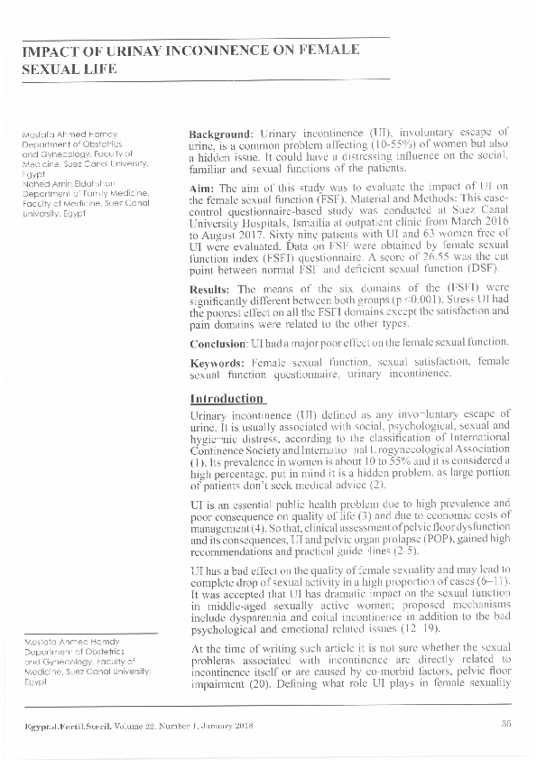 (PDF) Impact of Urinay Inconinence on Female Sexual Life