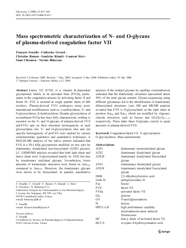 (PDF) Mass spectrometric characterization of N- and O-glycans of plasma ...