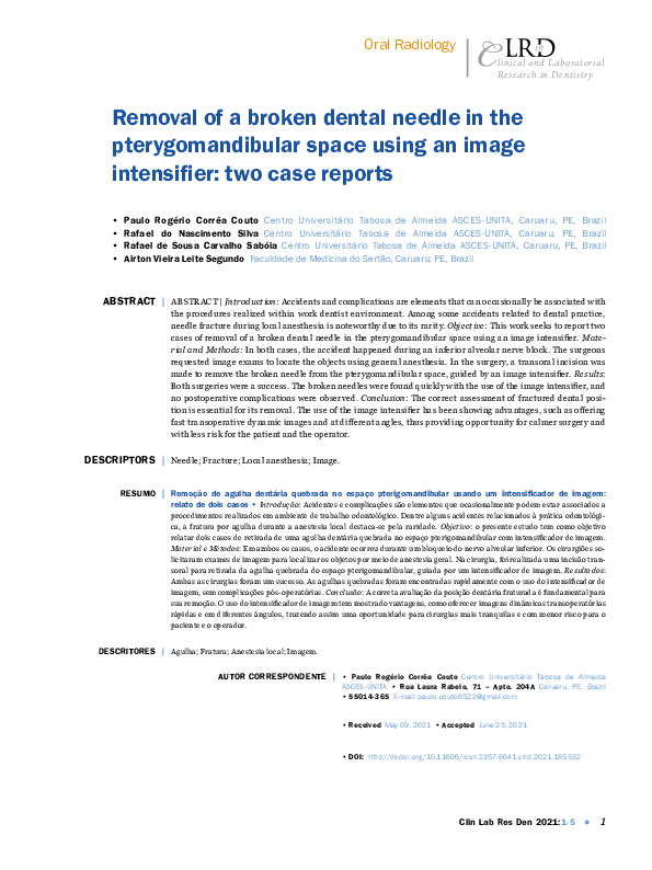 (PDF) Removal of a broken dental needle in the pterygomandibular space