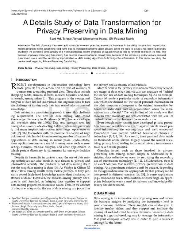 (PDF) A Details Study of Data Transformation for Privacy Preserving in ...