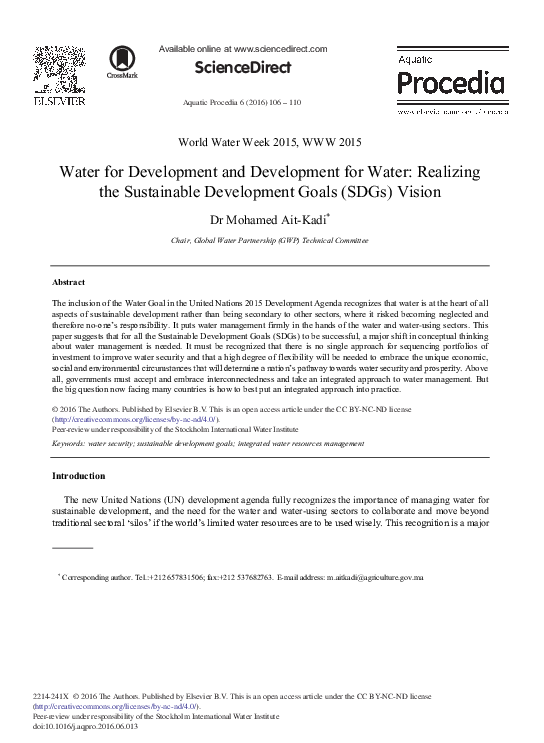 (PDF) Water for Development and Development for Water: Realizing the ...