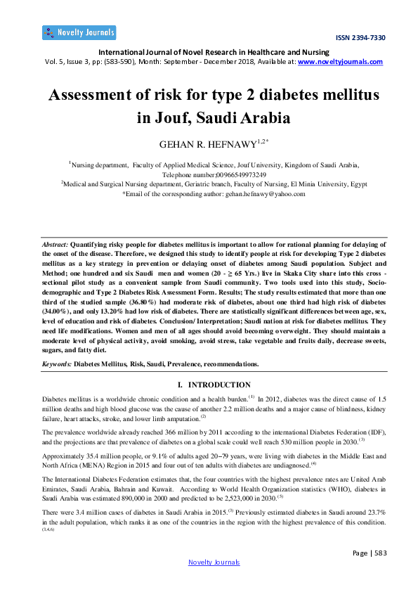 (PDF) Assessment of risk for type 2 diabetes mellitus in Jouf, Saudi Arabia