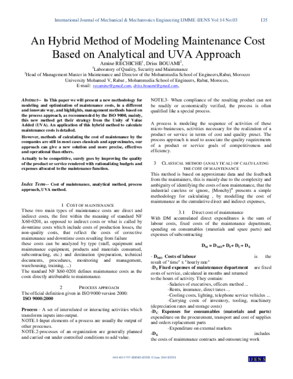 (PDF) An Hybrid Method of Modeling Maintenance Cost Based on Analytical ...