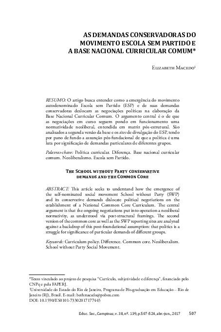 (PDF) As Demandas Conservadoras Do Movimento Escola Sem Partido e a ...