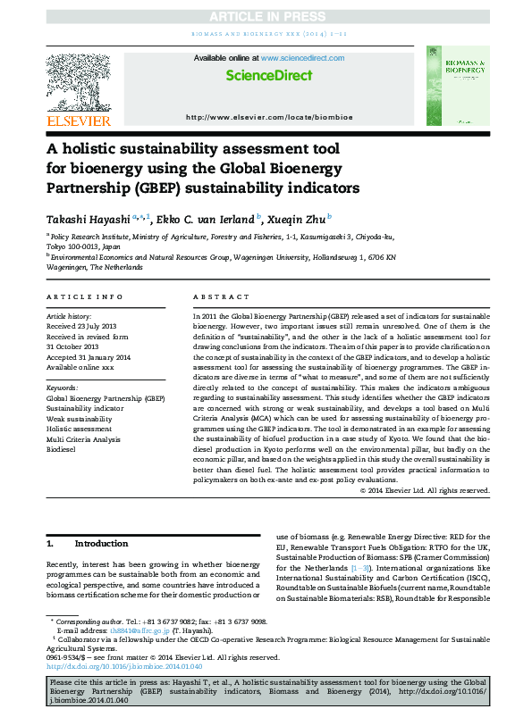 (PDF) A holistic sustainability assessment tool for bioenergy using the ...