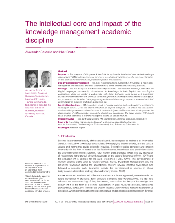 (PDF) The intellectual core and impact of the knowledge management ...