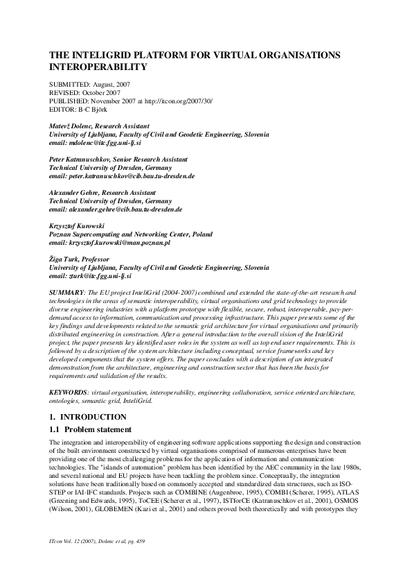 (PDF) The InteliGrid platform for virtual organisations interoperability