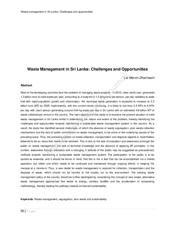 (PDF) Waste Management in Sri Lanka: Challenges and Opportunities