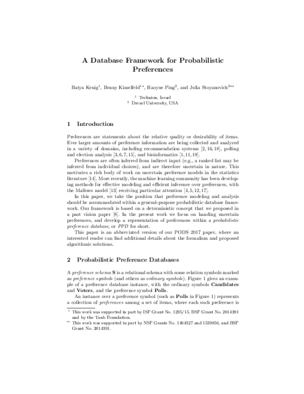 (PDF) A Database Framework for Probabilistic Preferences