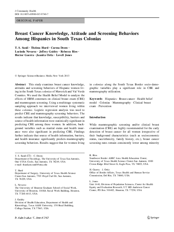 (PDF) Breast Cancer Knowledge, Attitude and Screening Behaviors Among ...