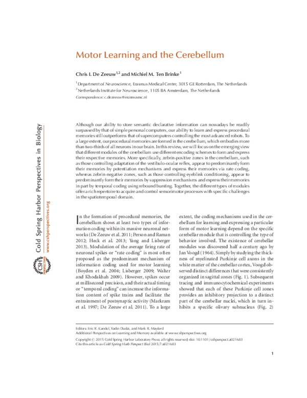 (PDF) Motor Learning and the Cerebellum