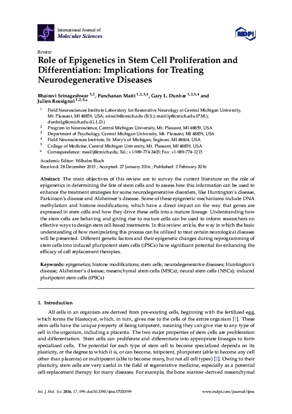 (PDF) Role of Epigenetics in Stem Cell Proliferation and ...