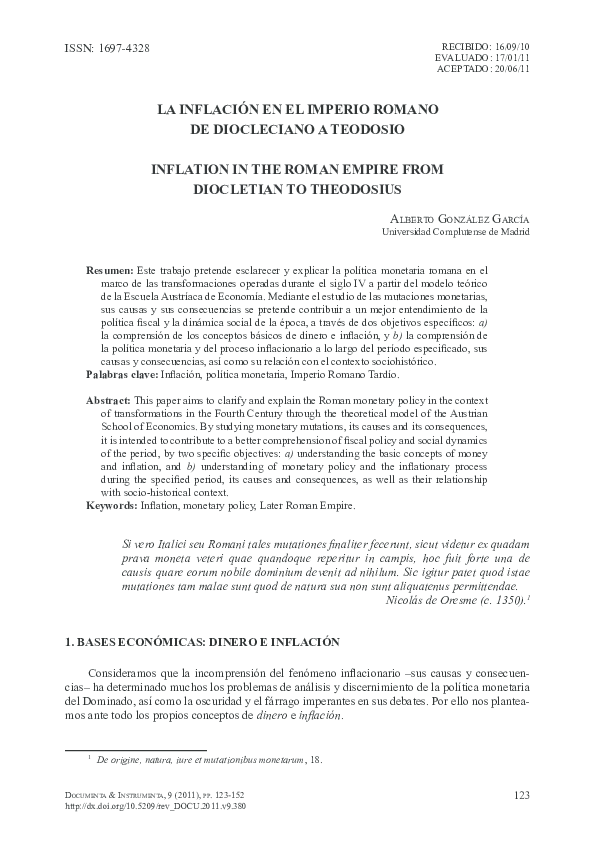 La inflación en el Imperio Romano de Diocleciano a Teodosio (Documenta et Instrumenta 9, pp. 123-152).