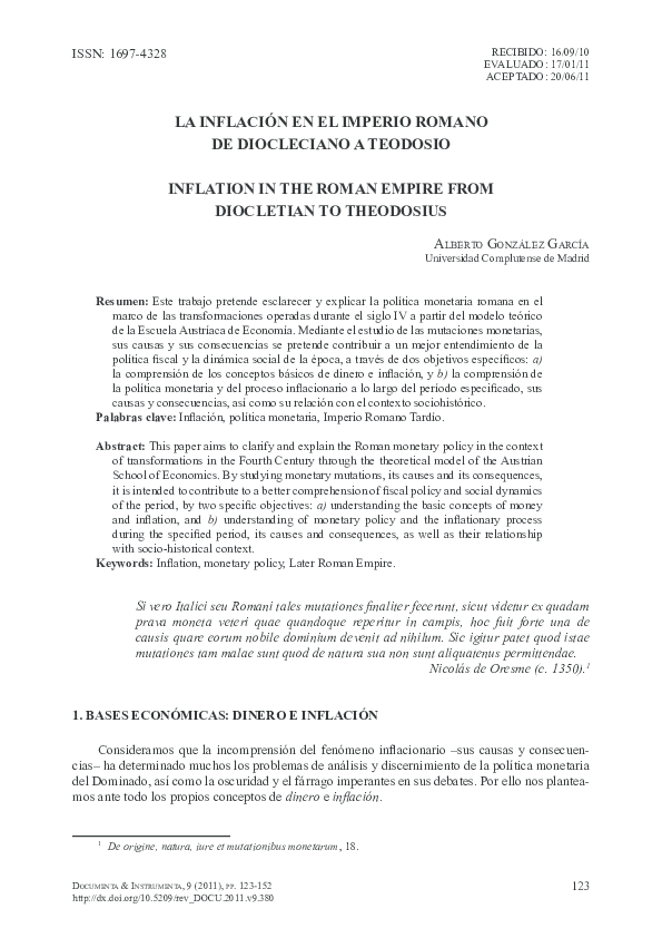 La inflación en el Imperio Romano de Diocleciano a Teodosio (Documenta et Instrumenta 9, pp. 123-152).