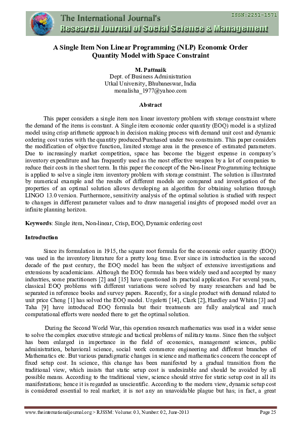 (PDF) A Single Item Non Linear Programming (NLP) Economic Order ...