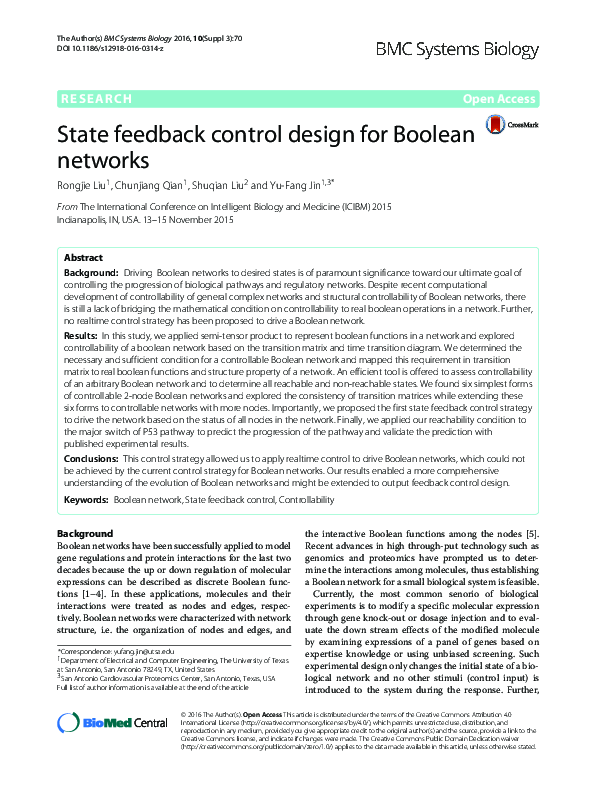 (PDF) State feedback control design for Boolean networks