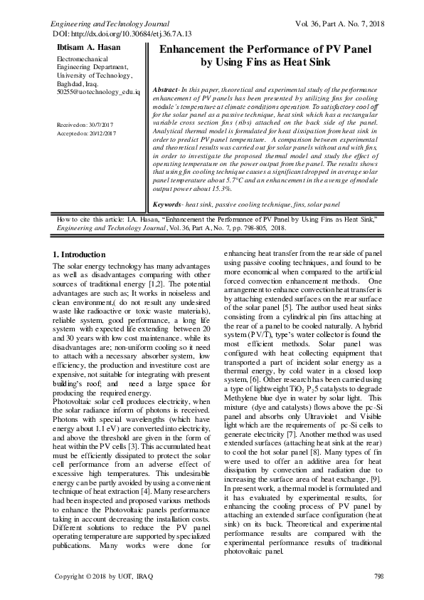 (PDF) Enhancement the Performance of PV Panel by Using Fins as Heat Sink