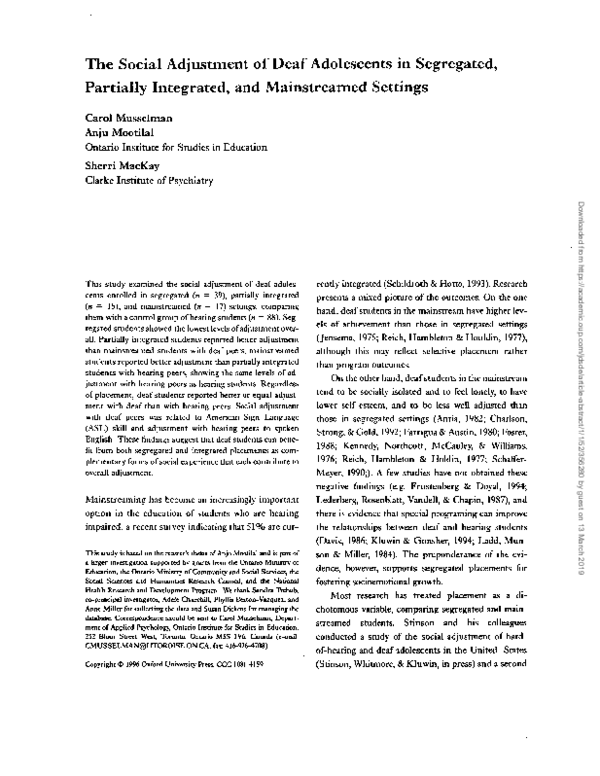 (PDF) The social adjustment of deaf adolescents in segregated ...