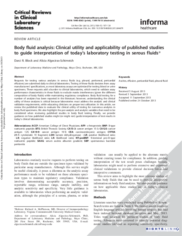 (PDF) Body fluid analysis: Clinical utility and applicability of ...