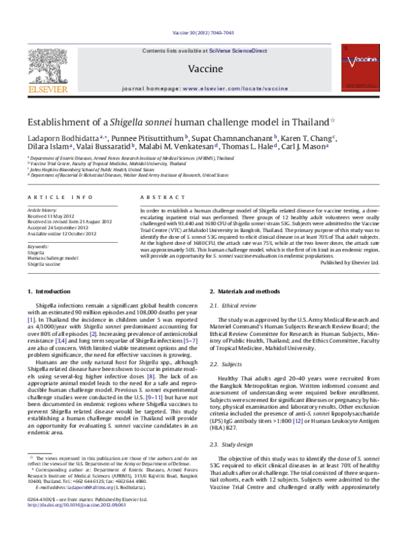 (PDF) Establishment of a Shigella sonnei human challenge model in Thailand