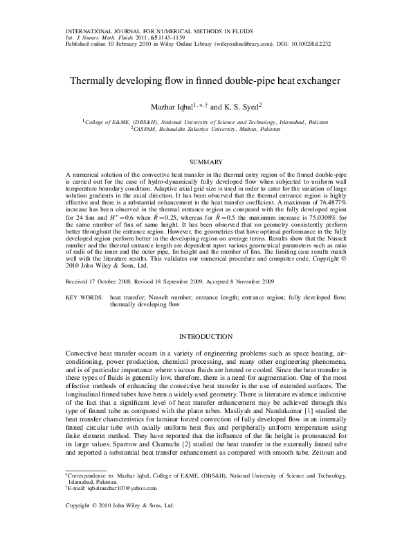 (PDF) Thermally developing flow in finned double-pipe heat exchanger