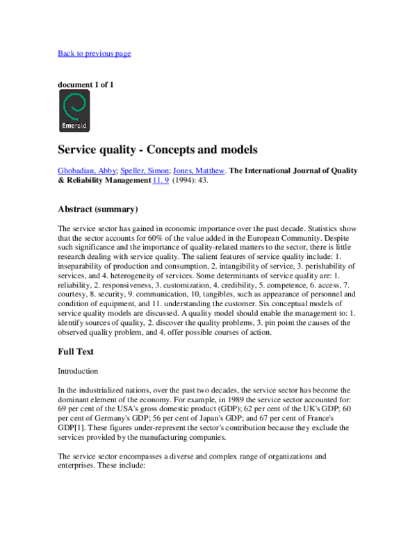 (PDF) Service Quality: Concepts and Models