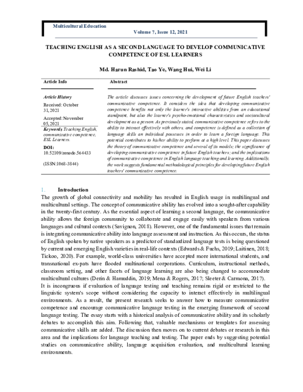 (PDF) TEACHING ENGLISH AS A SECOND LANGUAGE TO DEVELOP COMMUNICATIVE ...
