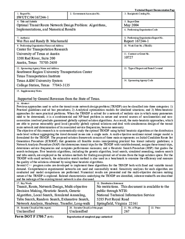 (PDF) Optimal transit route network design problem : algorithms ...