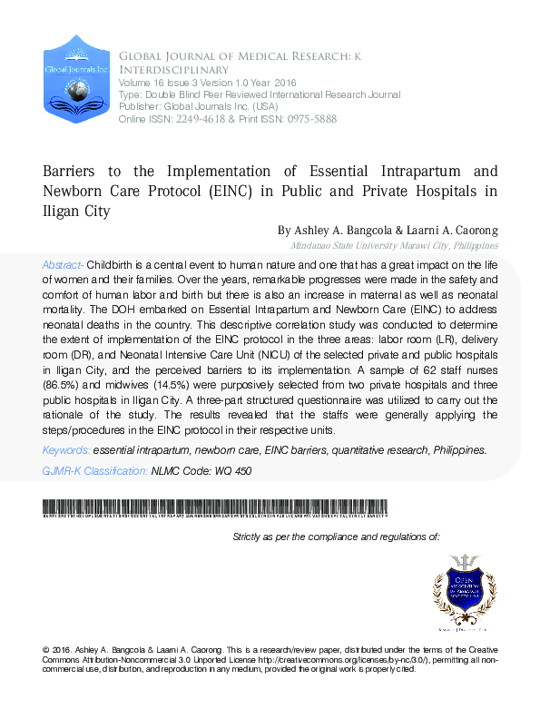 (PDF) Barriers to the Implementation of Essential Intrapartum and ...