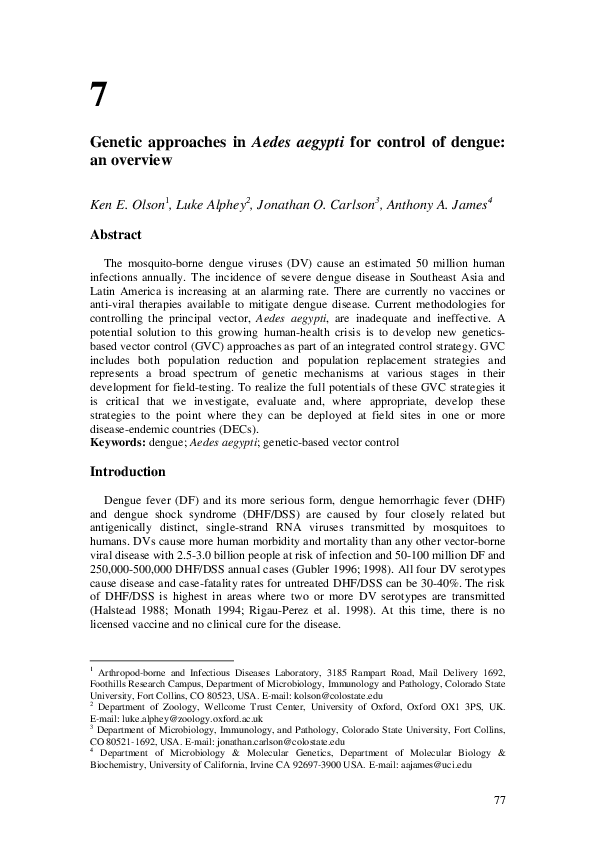 (PDF) Genetic approaches in Aedes aegypti for control of dengue: an ...