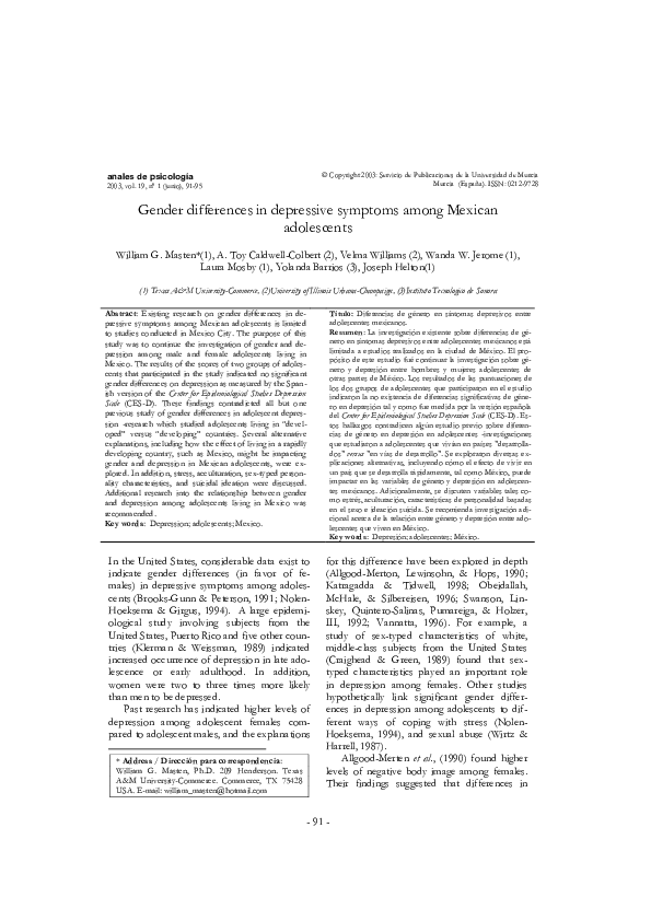 (PDF) Gender differences in depressive symptoms among mexican adolescents