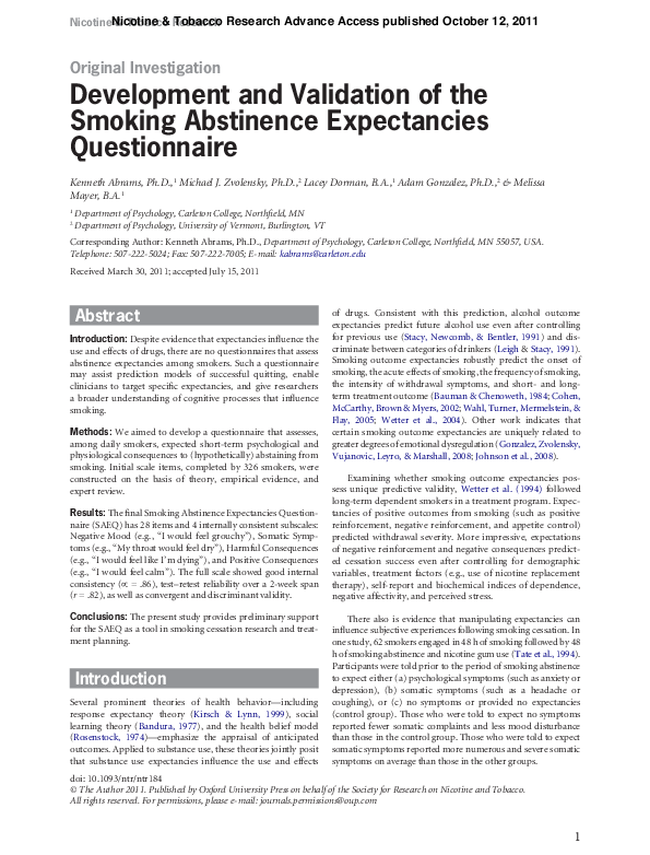 (PDF) Development and validation of the smoking abstinence expectancies ...