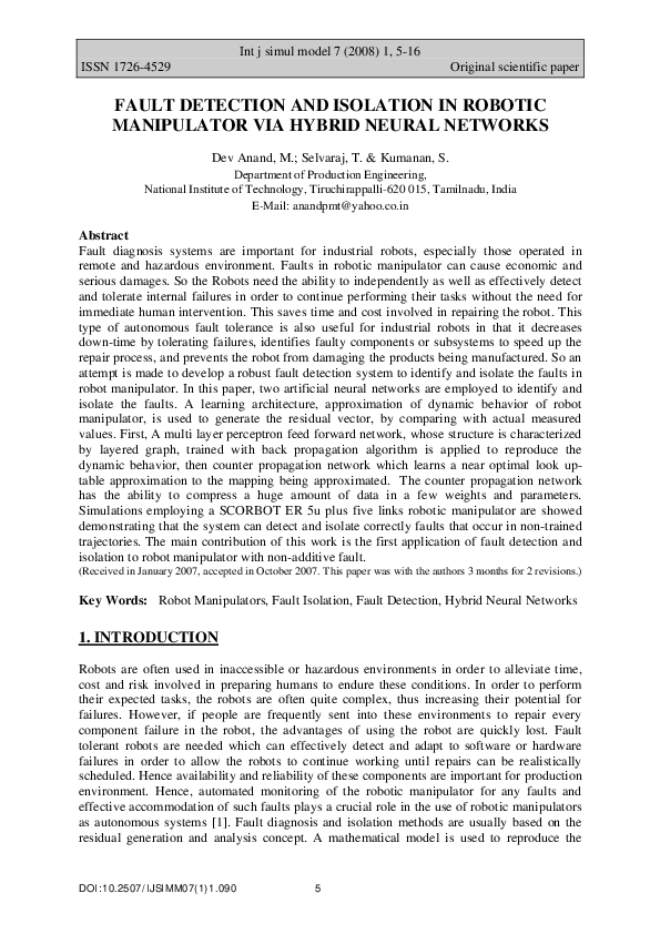 (PDF) Fault detection and isolation in robotic manipulators via neural ...