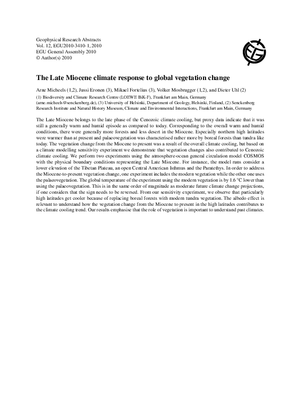 (PDF) The Late Miocene climate response to global vegetation change