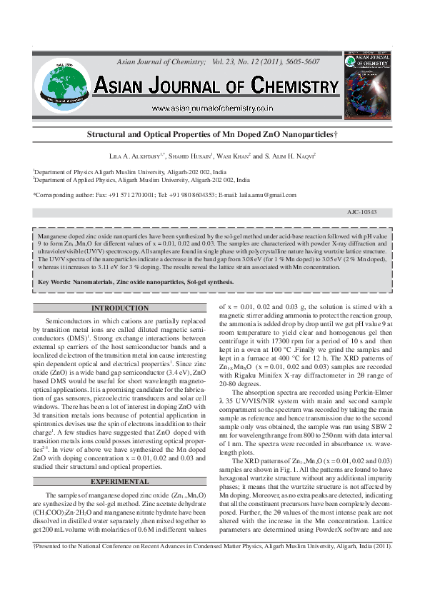 (PDF) Structural and Optical Properties of Mn Doped ZnO Nanoparticles