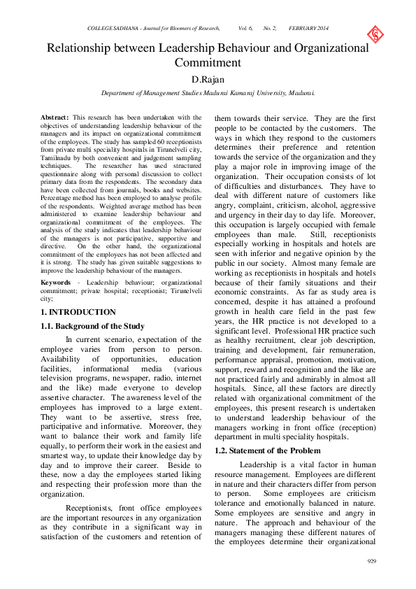 (PDF) Relationship between Leadership Behaviour and Organizational ...