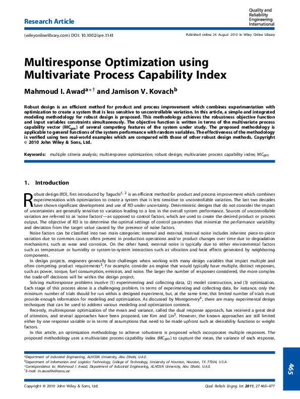 (PDF) Multiresponse optimization using multivariate process capability ...