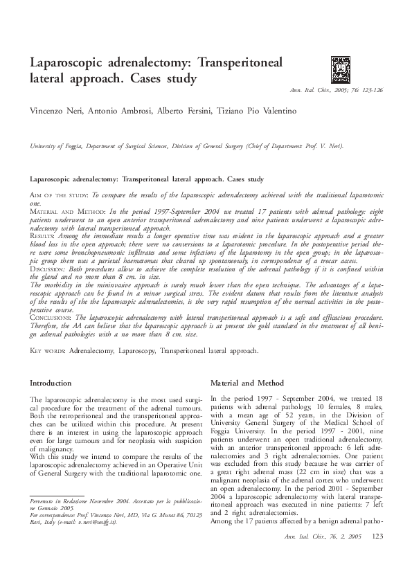 (PDF) Laparoscopic adrenalectomy: transperitoneal lateral approach ...